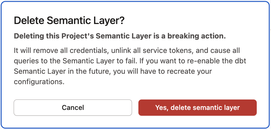 Delete the Semantic Layer configuration for a project. Delete the Semantic Layer configuration for a project.